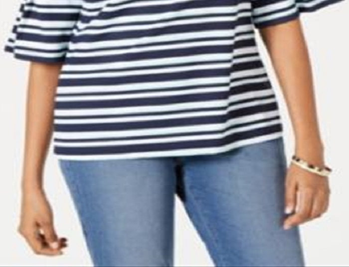 Charter Club Women's Tropical Stripe Bell-Sleeve Top  Blue Size XS