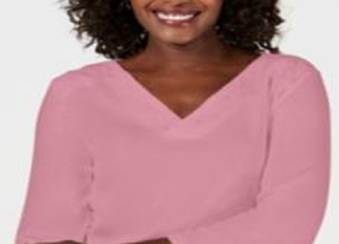 Karen Scott Women's Eyelet V Neck Cotton Top Pink Size -S