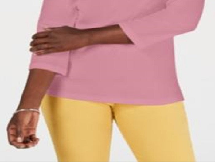 Karen Scott Women's Eyelet V Neck Cotton Top Pink Size -S