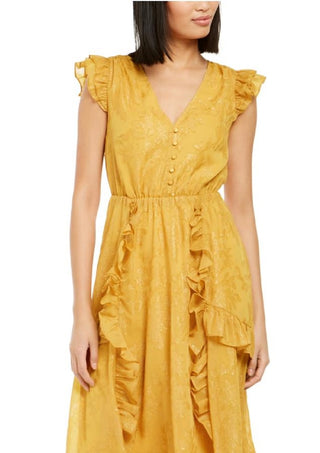 INC Women's Metallic V-Neck MIDI Dress Gold  Size XS