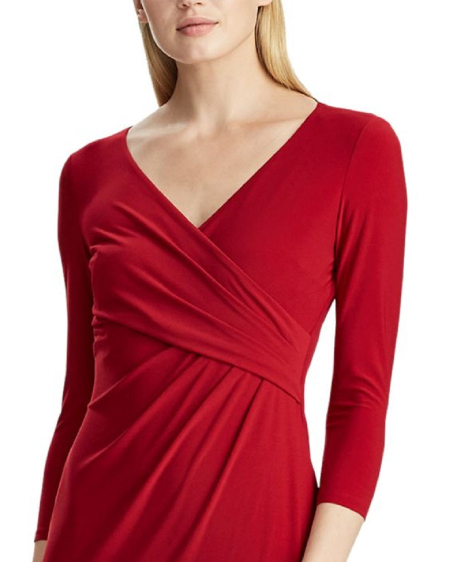 Lauren Ralph Lauren Women's Long Sleeve V Neck Above the Knee Cocktail Sheath Dress Petites Red Size 10 P