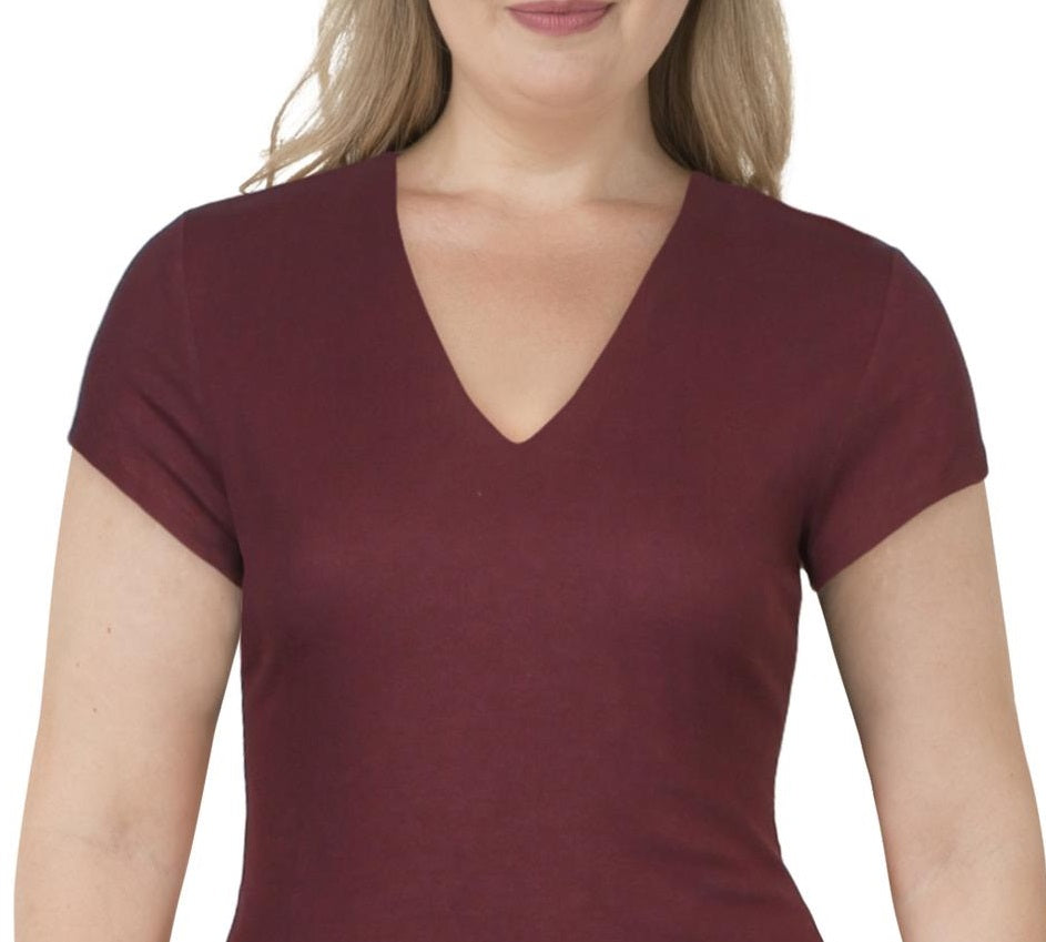 INC Women's  Short Sleeve Ribbed V-Neck Top  Red Size XL
