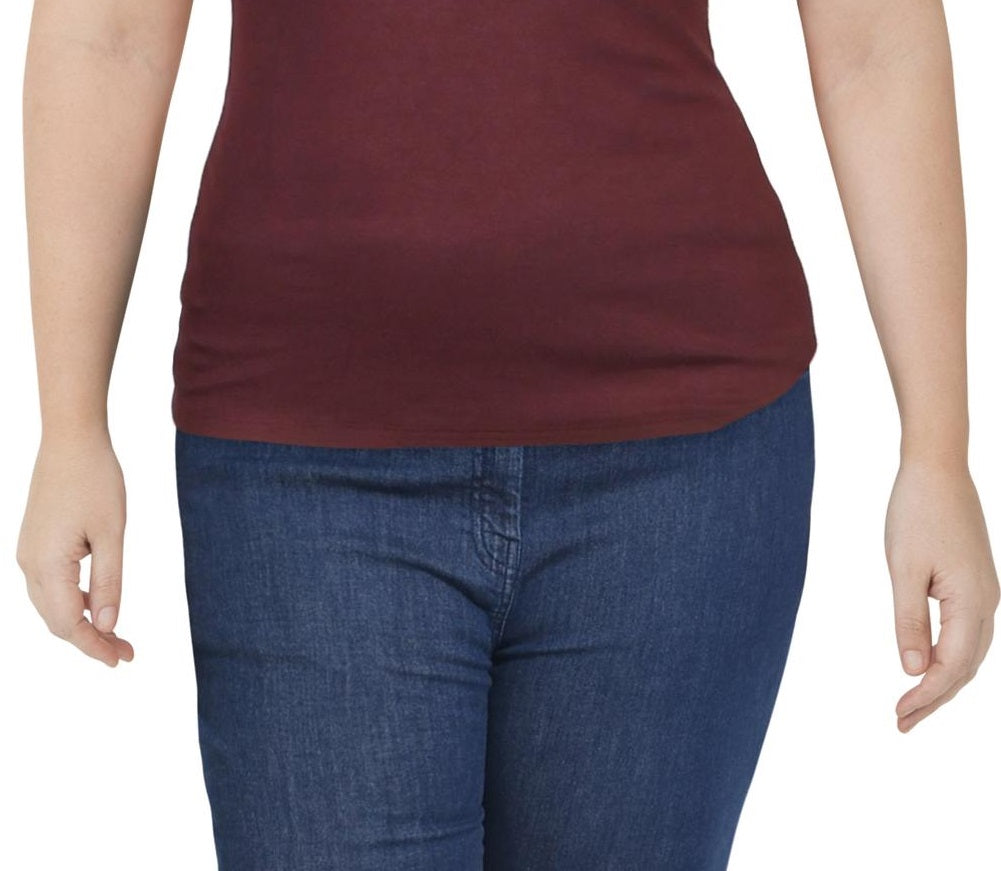 INC Women's  Short Sleeve Ribbed V-Neck Top  Red Size XL