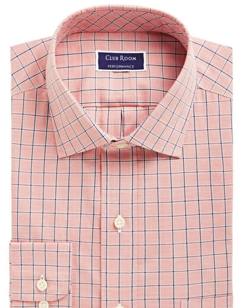 Club Room Men's Classic/Regular Fit Performance Windowpane Dress Shirt Orange Size 34-35