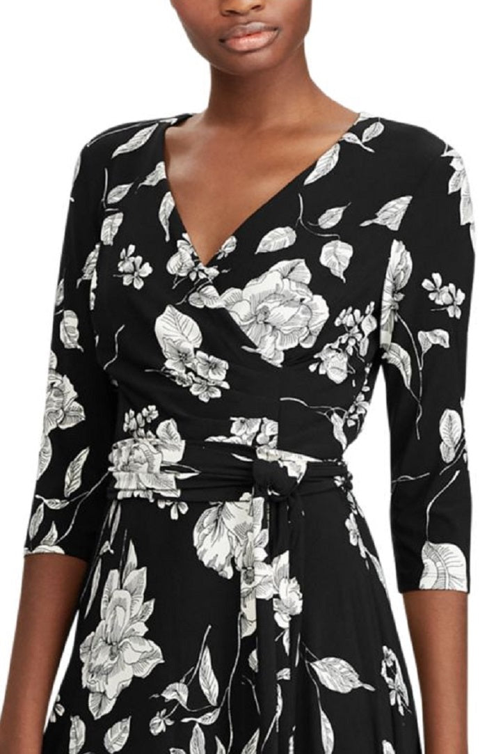 Ralph Lauren Women's  Belted Floral 3/4 Sleeve V Neck Below the Knee Wrap Dress Dress Size 0P