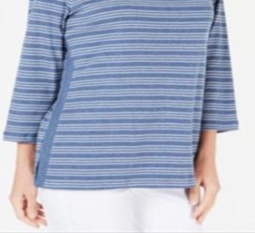 Karen Scott Women's Cotton Striped Vented Hem Top Blue Size X-Small