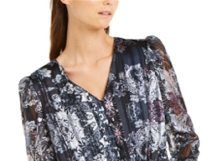 INC International Concepts Women's Printed Tie Front Puff Sleeve Top Blue Size X-Small