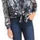 INC International Concepts Women's Printed Tie Front Puff Sleeve Top Blue Size X-Small