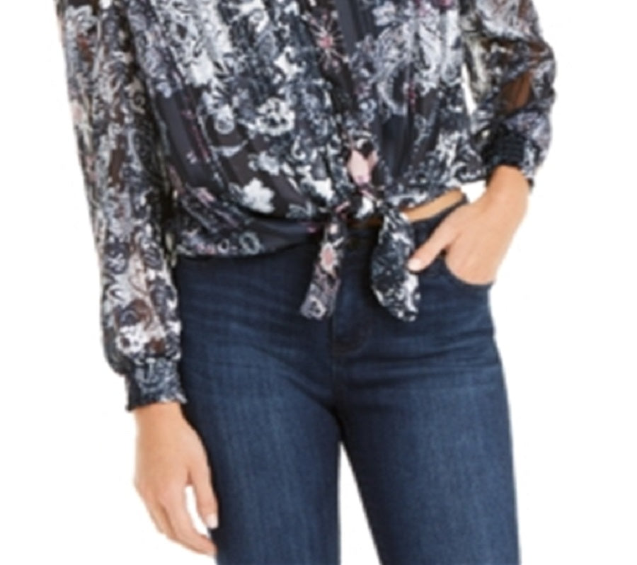 INC International Concepts Women's Printed Tie Front Puff Sleeve Top Blue Size X-Small