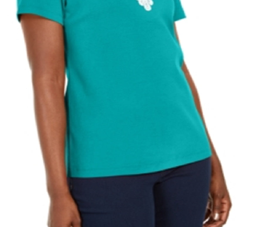 Karen Scott Women's Crochet Trim Split Neck Top Blue Size Medium