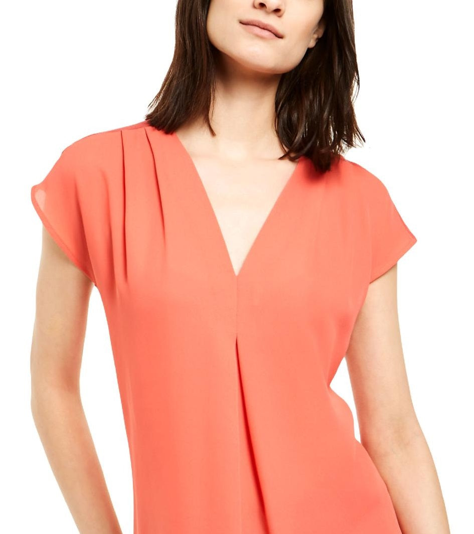 INC International Concepts Women's Plus Mixed Media V Neck Blouse Orange Size 0X