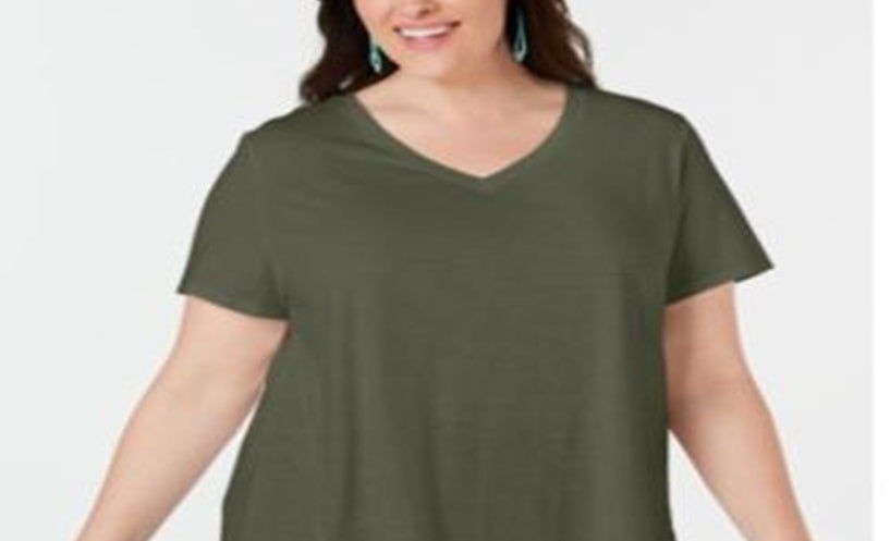 Style & Co Women's Plus Crochet Trim Asymmetric T-Shirt Green Size 2X