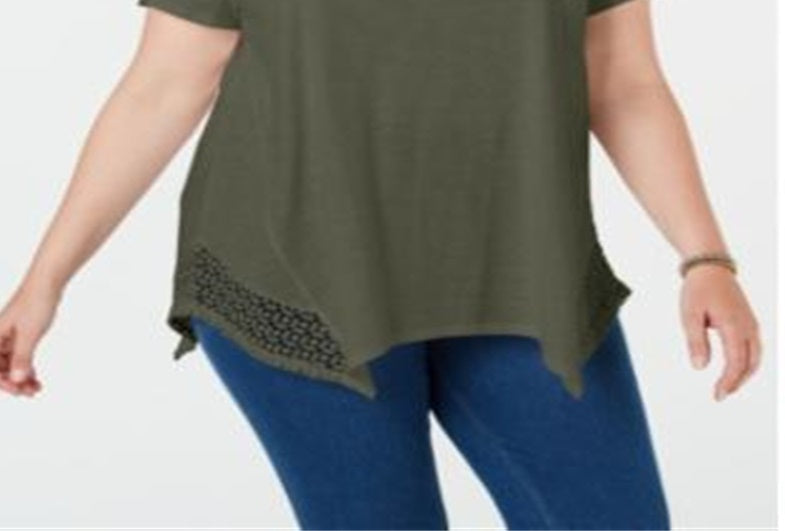 Style & Co Women's Plus Crochet Trim Asymmetric T-Shirt Green Size 2X