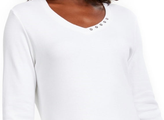 Karen Scott Women's  Grommet-Neck Cotton Top  - Bright White Size X-Small