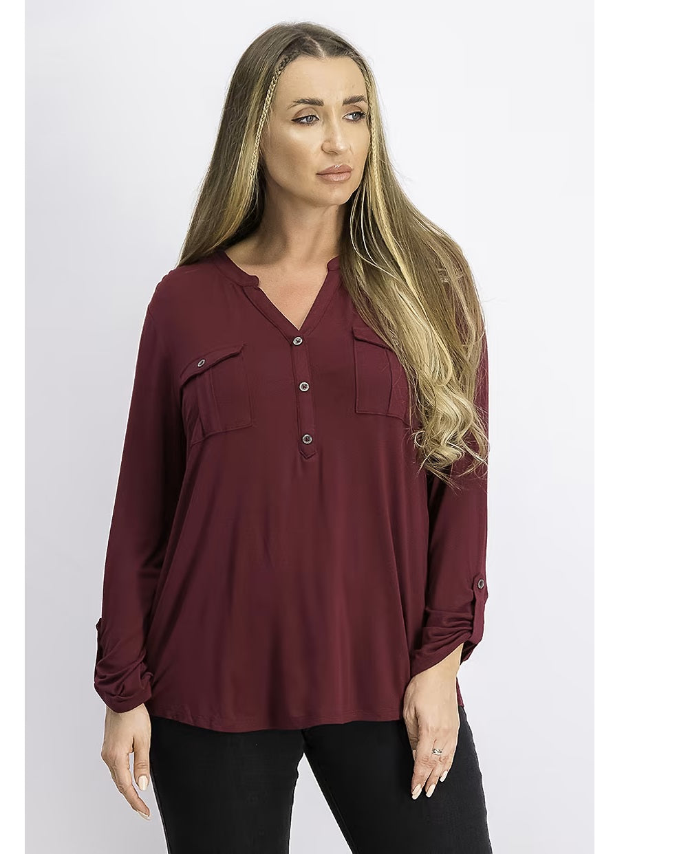Style & Co Women's Split-Neck Roll-Tab-Sleeve Top  Cherry Pie  Size 2XL