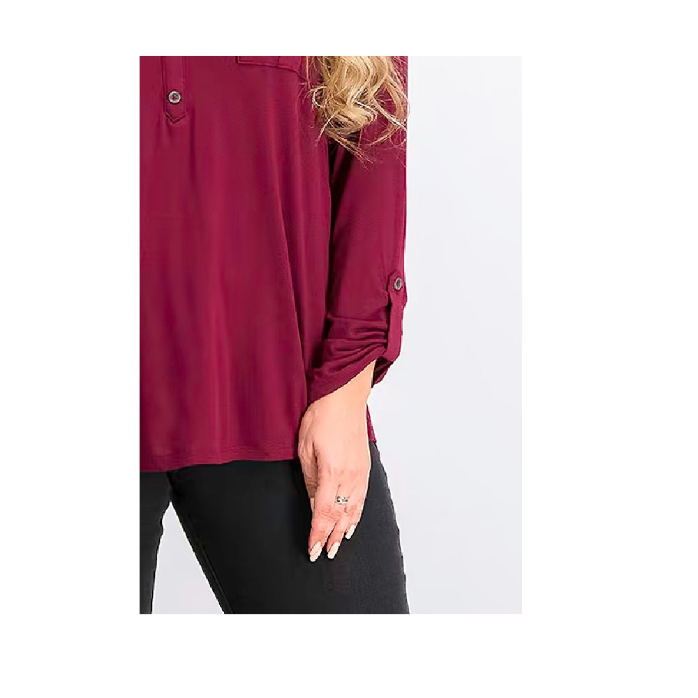 Style & Co Women's Split-Neck Roll-Tab-Sleeve Top  Cherry Pie  Size 2XL