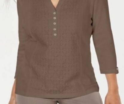 Karen Scott Plus Cotton Eyelet Henley Top -Brown- Size 2XL