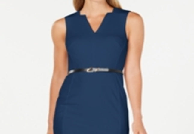 Calvin Klein Women's V Neck Belted Dress Blue Size 2 Petite