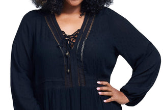 Seven7 Women's Blouses Caviar Semisheer Accent Lace up Long Sleeve Top Black Size 1X