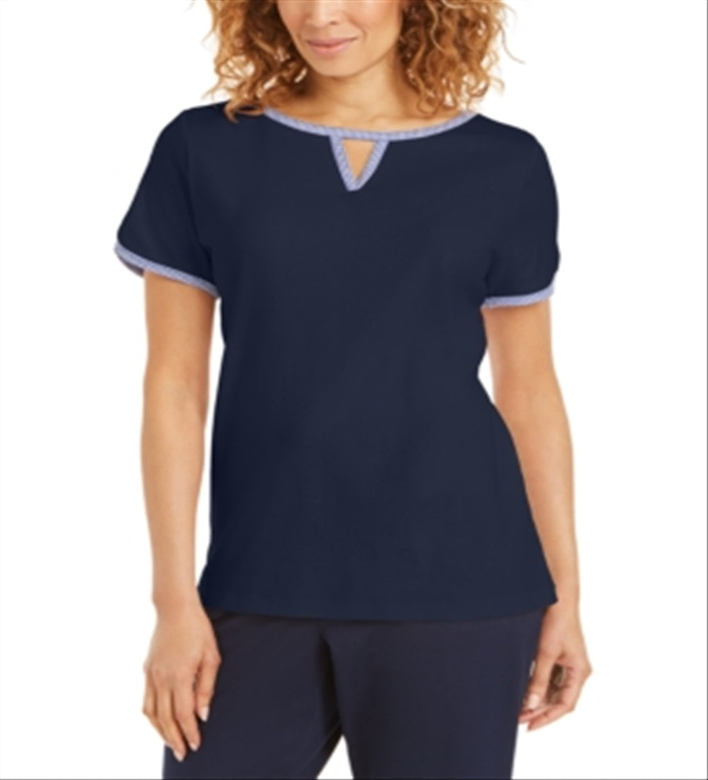Karen Scott Women's Contrast Trim Keyhole Top Blue Size Small