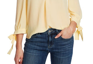CeCe Women's Ruched Neck Tie Sleeve Top Yellow Size Small