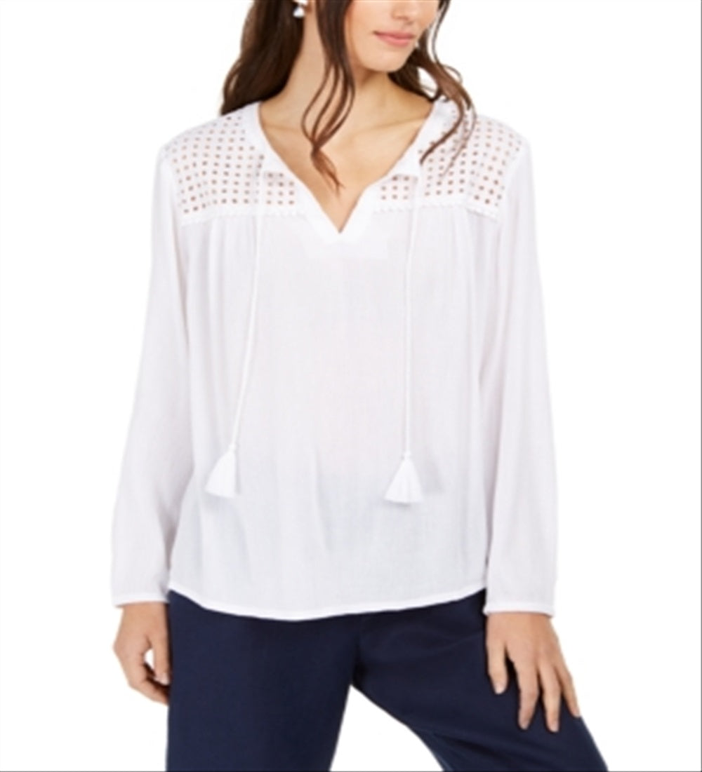 Charter Club Women's Tassel Tie Eyelet Linen Top White Size XX-Large
