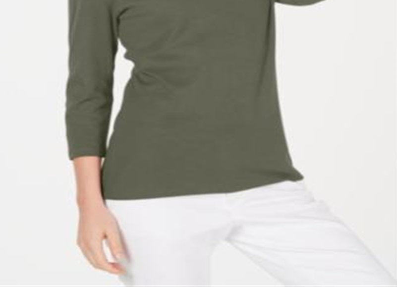 Karen Scott Women's Cotton Scoop Neck Top Green Size Petite Small