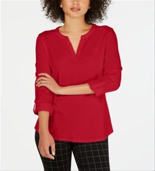 Charter Club Women's Supima Cotton Split Neck Top Red Size Medium