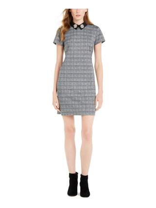 Maison Jules Women's  Rhinestone Zippered Metallic Short Sleeve Collared Short Evening Sheath Dress Black Size Small