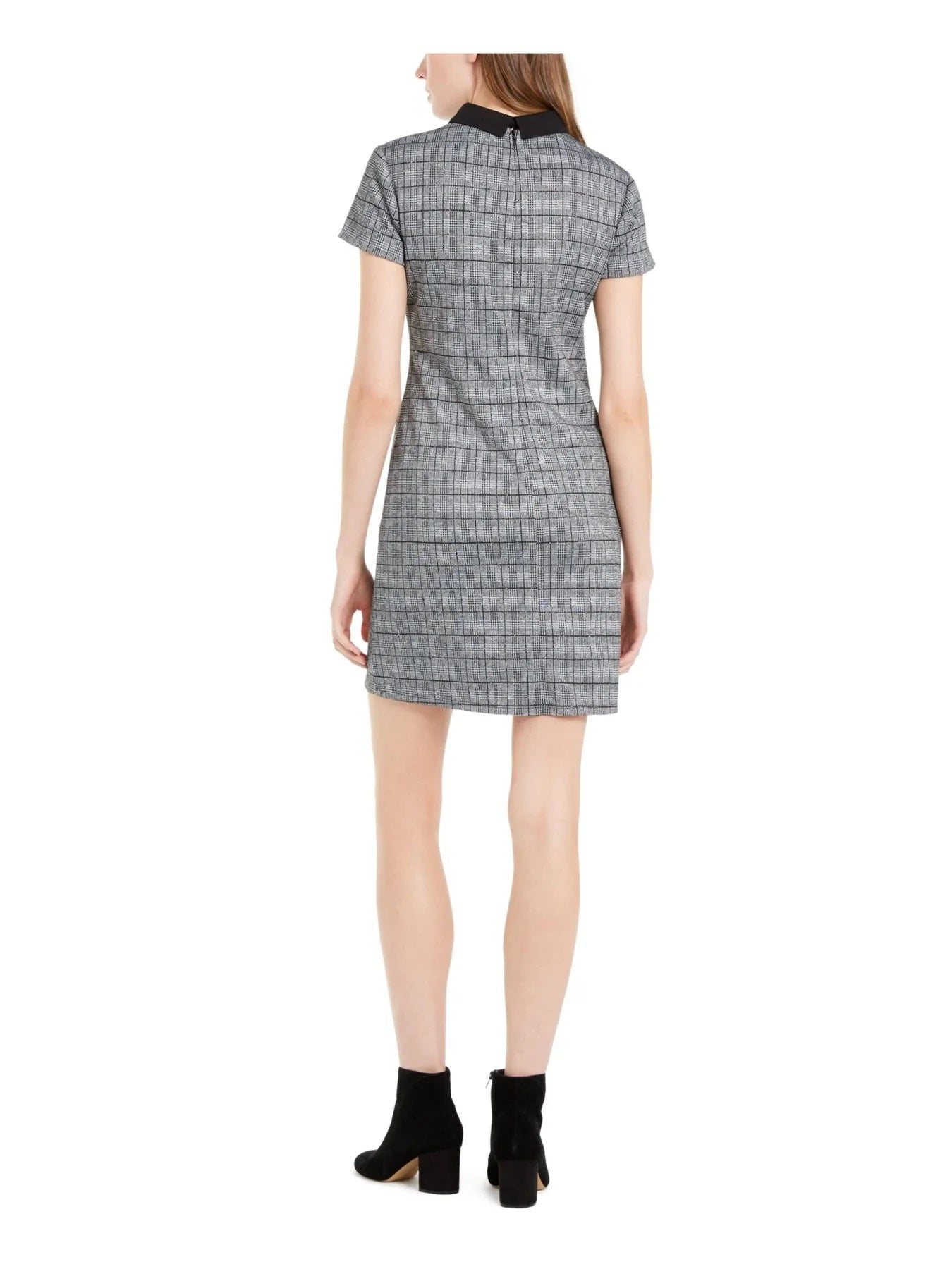 Maison Jules Women's  Rhinestone Zippered Metallic Short Sleeve Collared Short Evening Sheath Dress Black Size Small