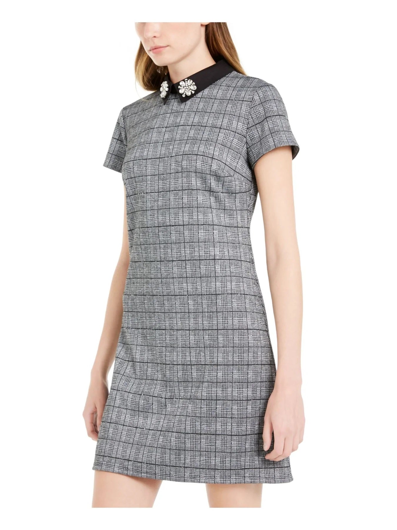 Maison Jules Women's  Rhinestone Zippered Metallic Short Sleeve Collared Short Evening Sheath Dress Black Size Small