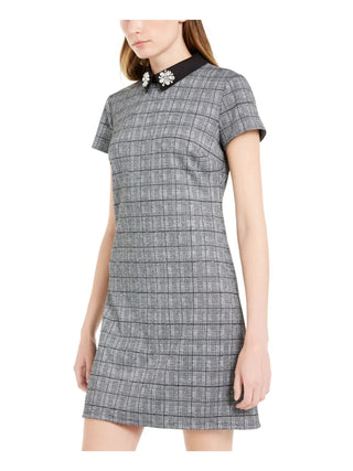 Maison Jules Women's  Rhinestone Zippered Metallic Short Sleeve Collared Short Evening Sheath Dress Black Size Small