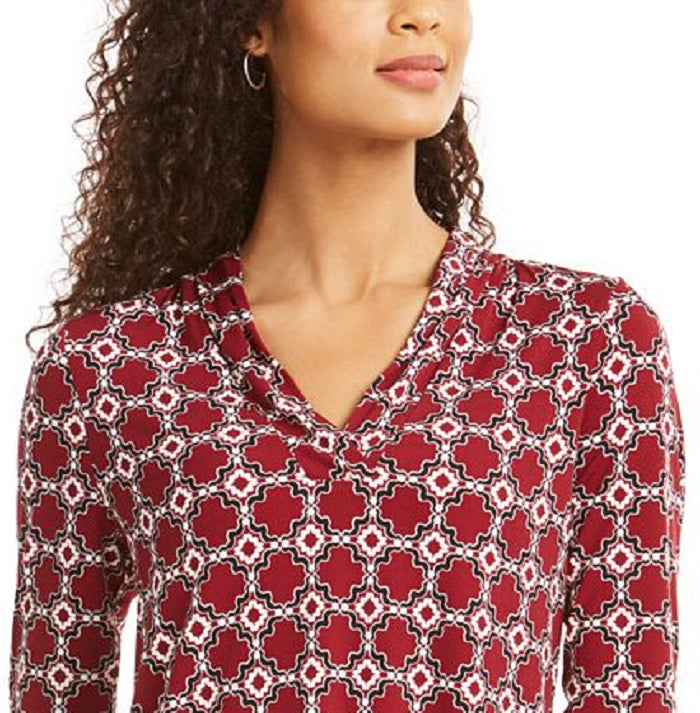 Charter Club Printed Pleat-Shoulder Top Red Size 2XL
