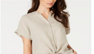 Charter Club Women's Linen Tie Front Button up Shirt Brown Size Medium