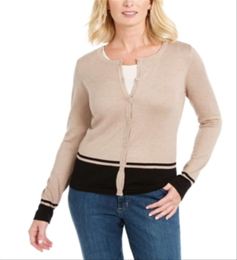 Karen Scott Women's Colorblocked Hem Cardigan Brown Size Petite Small