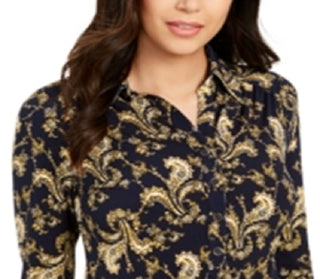 Charter Club Women's Printed 3/4 Sleeve Polo Top Blue Size XX-Large