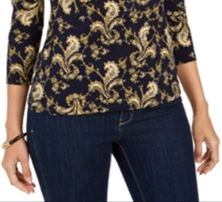 Charter Club Women's Printed 3/4 Sleeve Polo Top Blue Size XX-Large