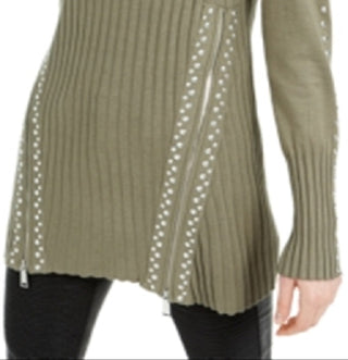Bar III Women's Zippered Studded Sweater Green Size Medium