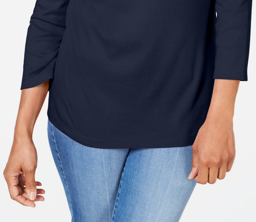 Karen Scott Women's Printed 3/4 Sleeve Jewel Neck T-Shirt Evening Top Blue Size Petite Medium