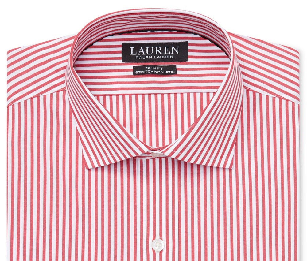 Ralph Lauren Men's Striped Collared Slim Fit Stretch Dress Shirt Red Size 34X35
