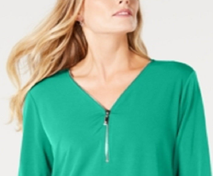 JM Collection Women's Zipper Trim Top Green Size Petite S