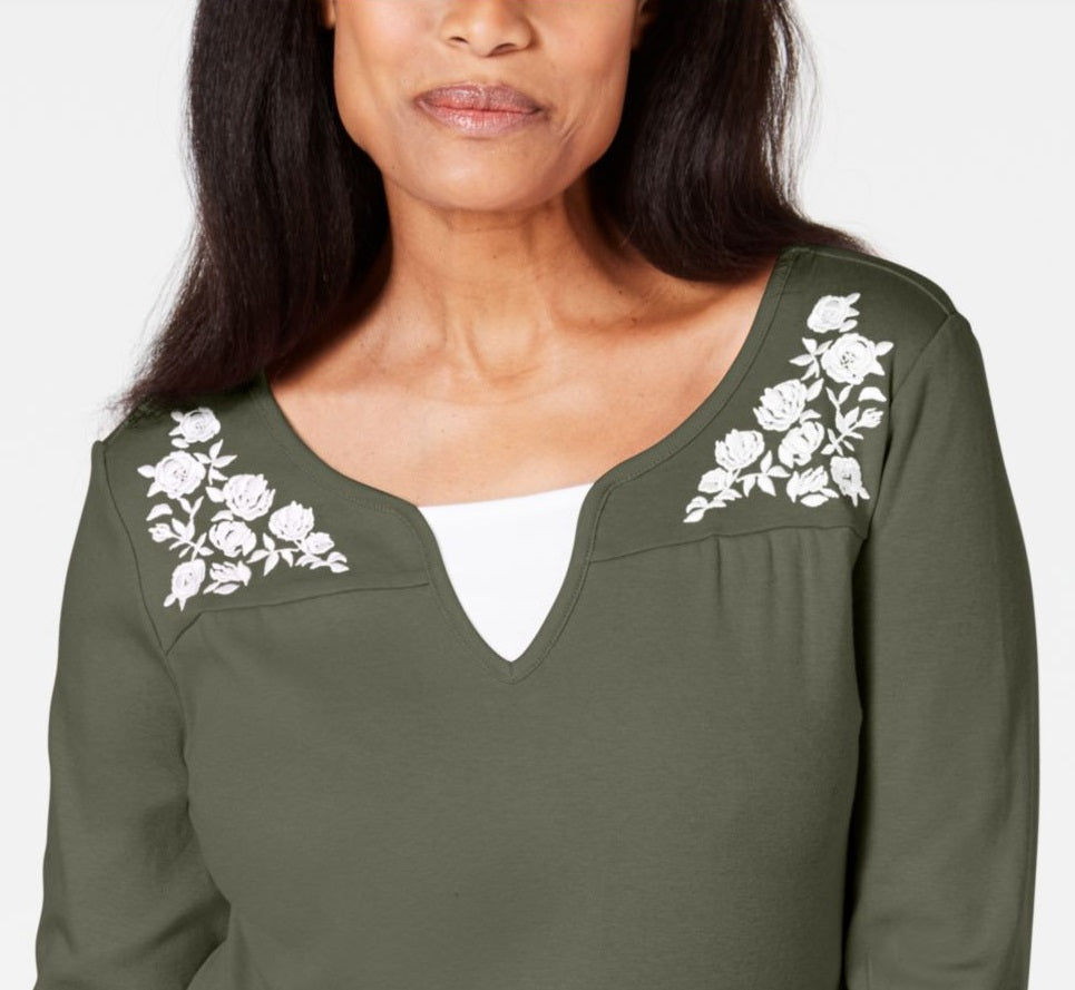 Karen Scott Women's Printed 3/4 Sleeve Jewel Neck T-Shirt Evening Top Green Size Petite Large