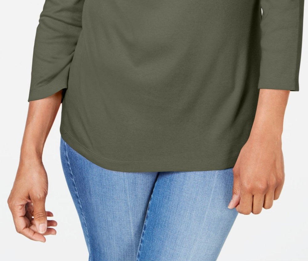 Karen Scott Women's Printed 3/4 Sleeve Jewel Neck T-Shirt Evening Top Green Size Petite Large