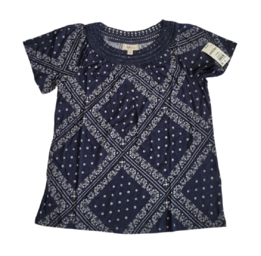 Style & Co Women's Bandanna Pattern Crochet Trim Knit Top Blue Size Medium