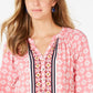 Charter Club Women's Printed Cuffed Crew Neck Button up Top Pink Size Medium