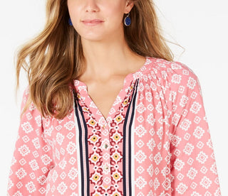 Charter Club Women's Printed Cuffed Crew Neck Button up Top Pink Size Medium