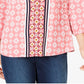 Charter Club Women's Printed Cuffed Crew Neck Button up Top Pink Size Medium
