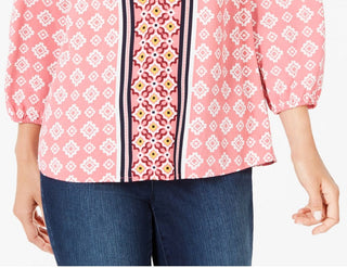 Charter Club Women's Printed Cuffed Crew Neck Button up Top Pink Size Medium