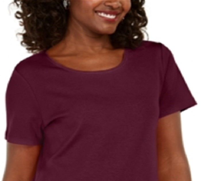 Karen Scott Women's Button Hem Scoop Neck Cotton Top Maroon Size Medium