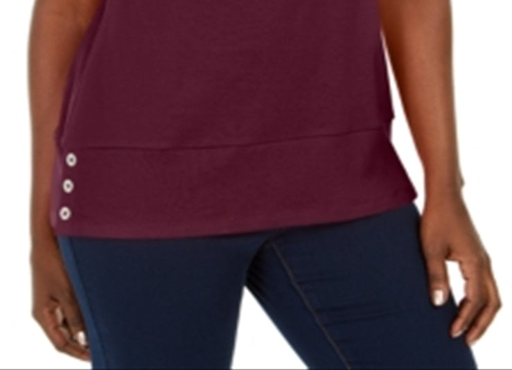 Karen Scott Women's Button Hem Scoop Neck Cotton Top Maroon Size Medium